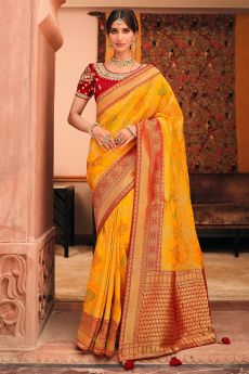 Yellow Banarasi Silk Saree With Red Border