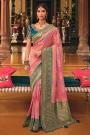 Light Pink Banarasi Silk Saree With Steel Blue Border