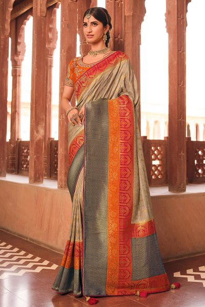 Beige Banarasi Silk Saree With Multicolour Border