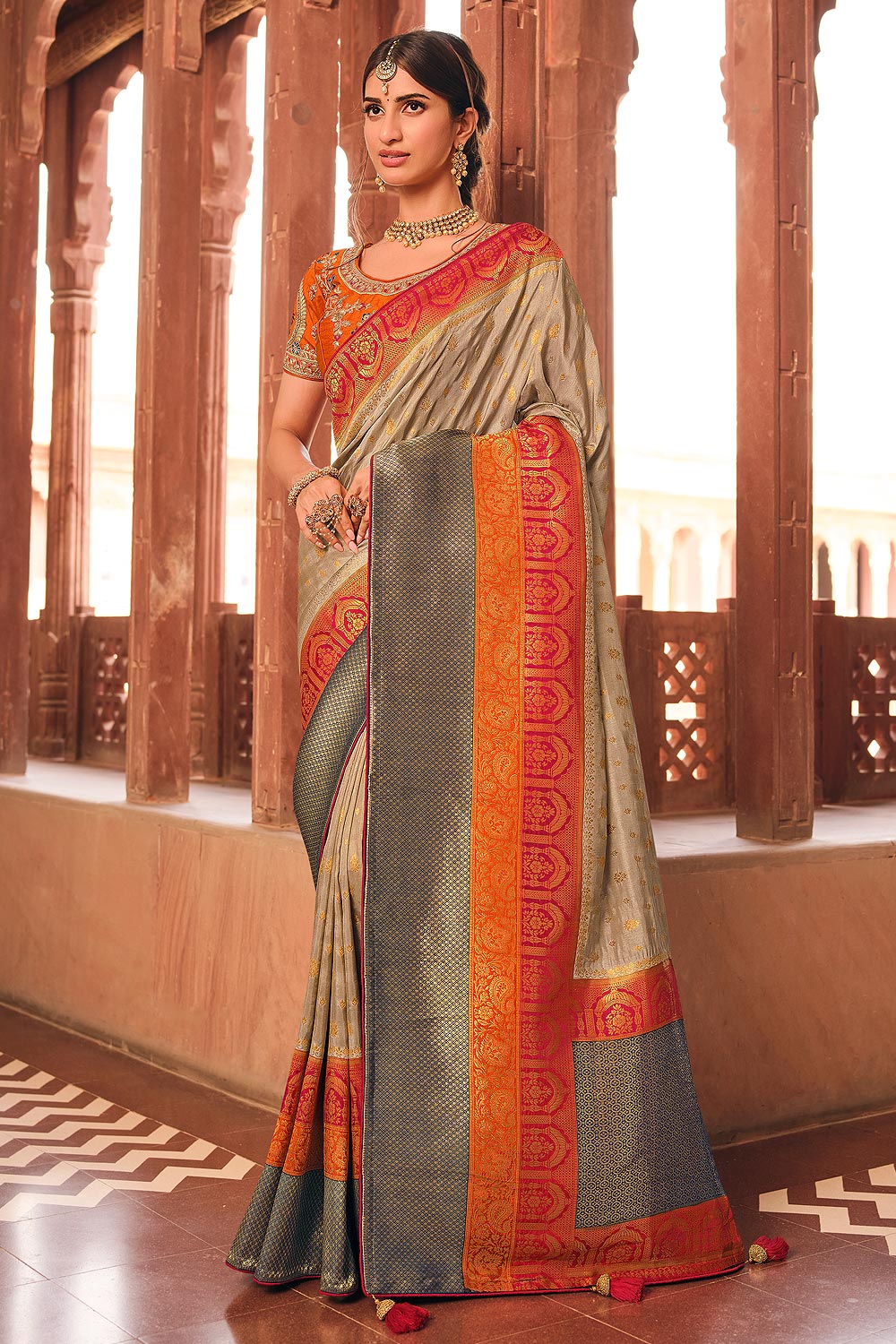 Beige Banarasi Silk Saree With Multicolour Border