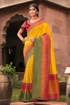 Yellow Banarasi Silk Saree With Multicolour Border