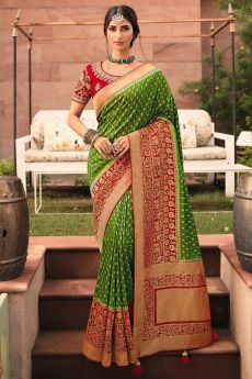 Green Banarasi Silk Saree With Red Border