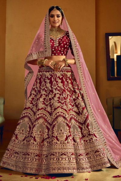 Buy Deep Red Velvet Embellished Bridal 