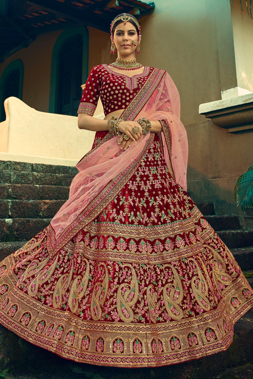 Buy Deep Red Velvet Embellished Bridal 