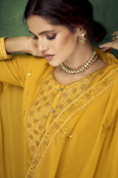 Yellow Georgette Embellished Suit