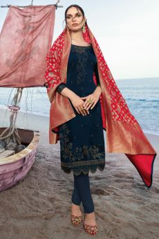 Navy Blue Georgette Straight Suit with Jacquard Silk Dupatta