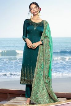 Teal Blue Georgette Straight Suit with Jacquard Silk Dupatta