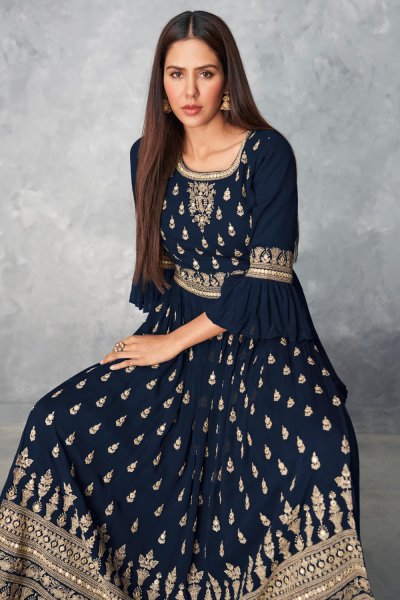Navy Blue Georgette Peplum Style Suit With Sharara