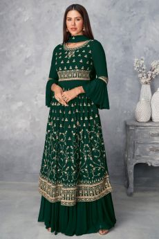 Dark Green Georgette Peplum Style Suit With Sharara