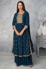 Prussian Blue Georgette Peplum Style Suit With Sharara