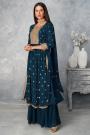 Prussian Blue Georgette Peplum Style Suit With Sharara