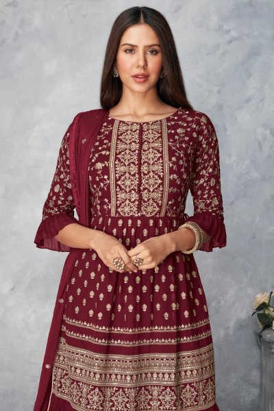 Deep Red Georgette Peplum Style Suit With Sharara