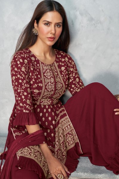 Deep Red Georgette Peplum Style Suit With Sharara