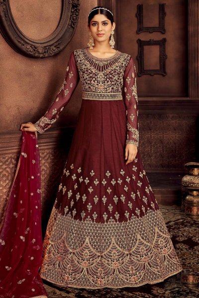 Deep Red Net Embellished Anarkali Suit With Dupatta