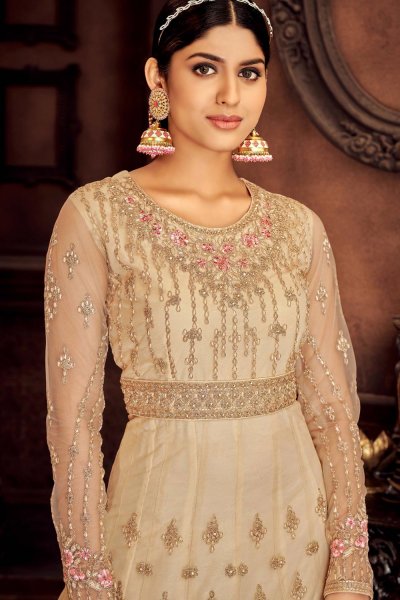 Cream Net Embellished Anarkali Suit With Coral Dupatta