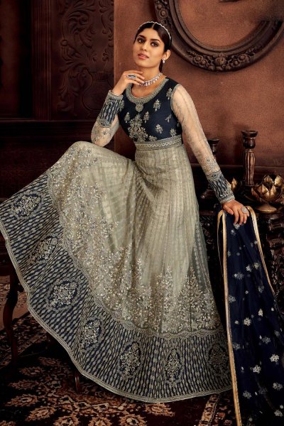 Silver Grey & Navy Blue Net Embellished Anarkali Suit With Dupatta
