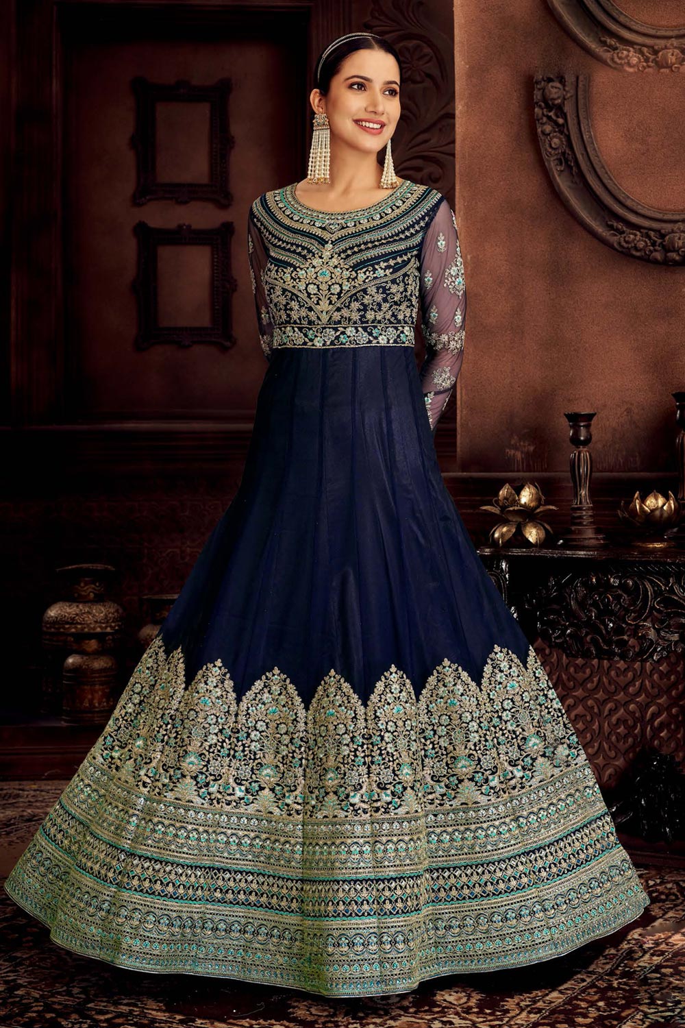 Navy Blue Net Embellished Anarkali Suit With Dupatta