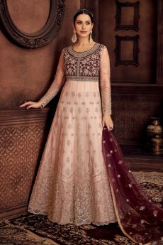 Light Pink & Maroon Net Embellished Anarkali Suit With Dupatta