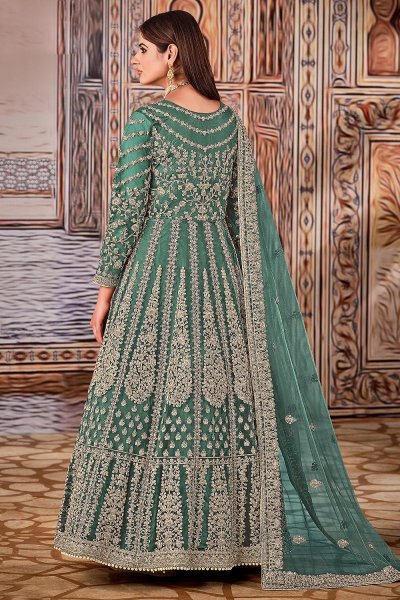 Aqua Green Intricately Embellished Net Anarkali Suit With Dupatta