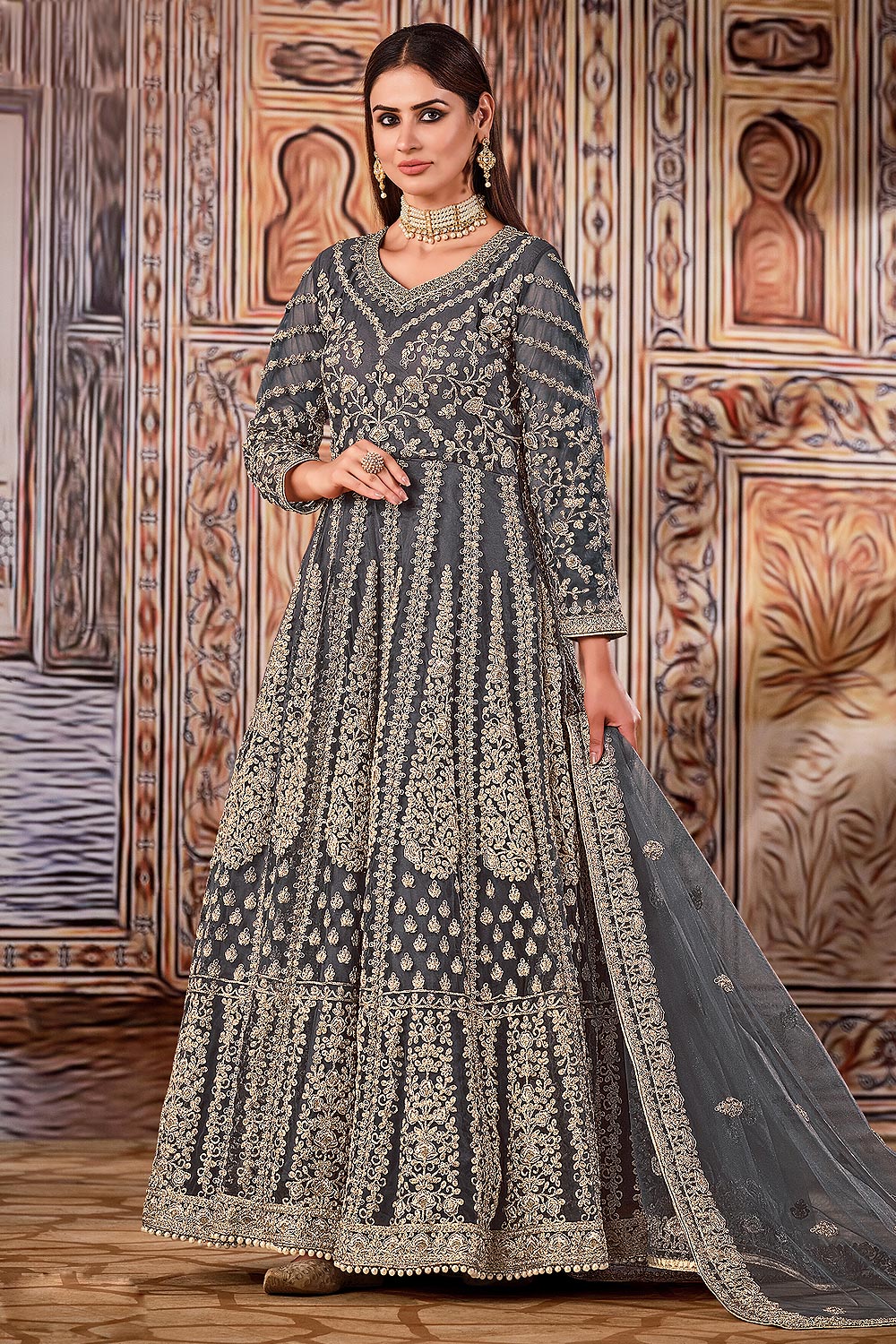Grey Intricately Embellished Net Anarkali Suit With Dupatta