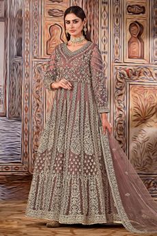 Dusky Pink Intricately Embellished Net Anarkali Suit With Dupatta