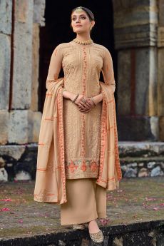 Beige Georgette Embroidered Salwar Suit