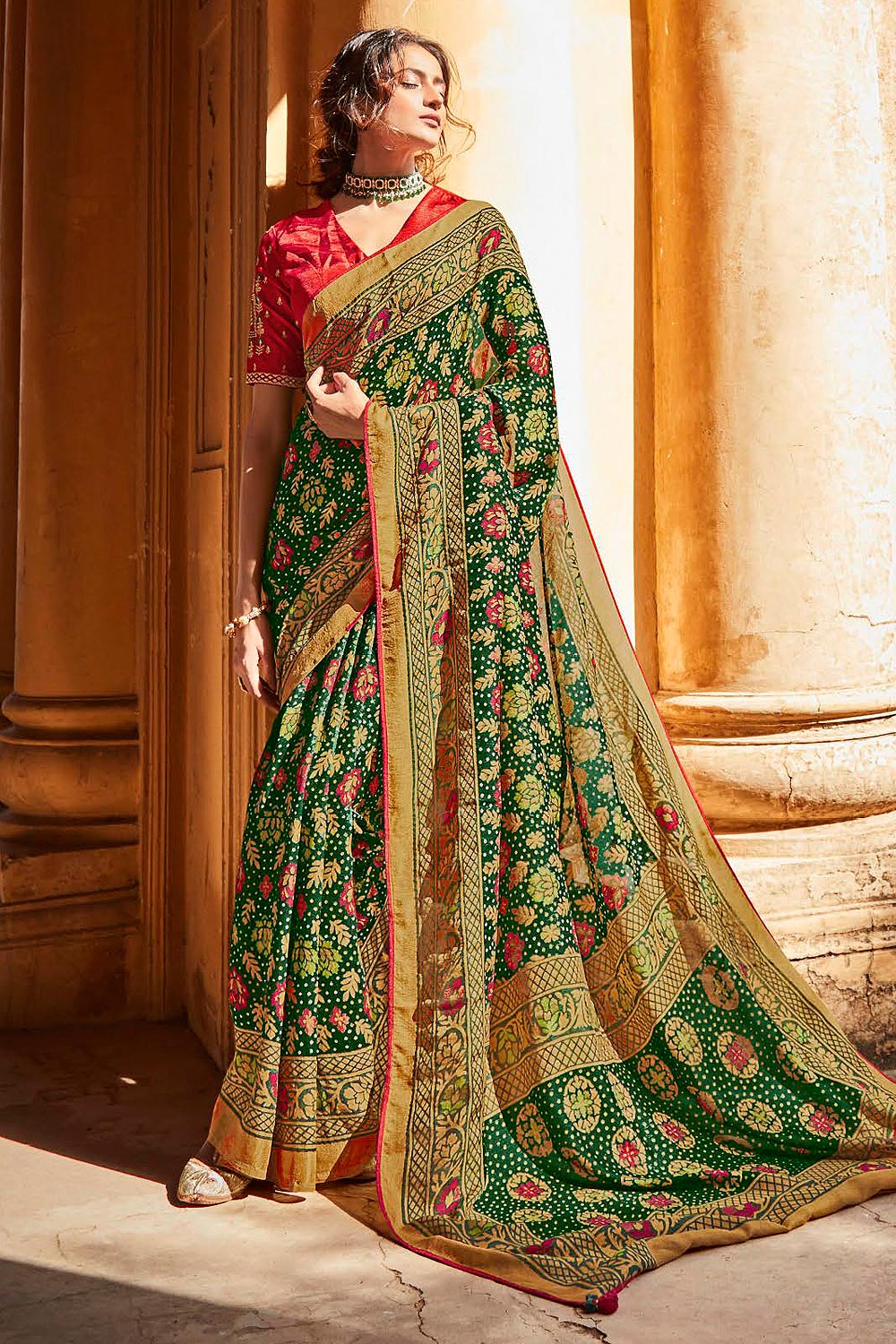 Dark Green Paithani Silk Printed Saree