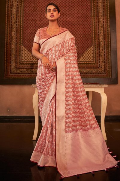 Peachy Red Pashmina Silk Saree With Designer Blouse