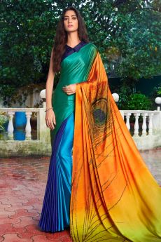 Multi Colour Satin Silk Designer Peacock Saree