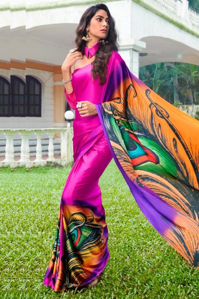 Pink Satin Silk Designer Peacock Saree