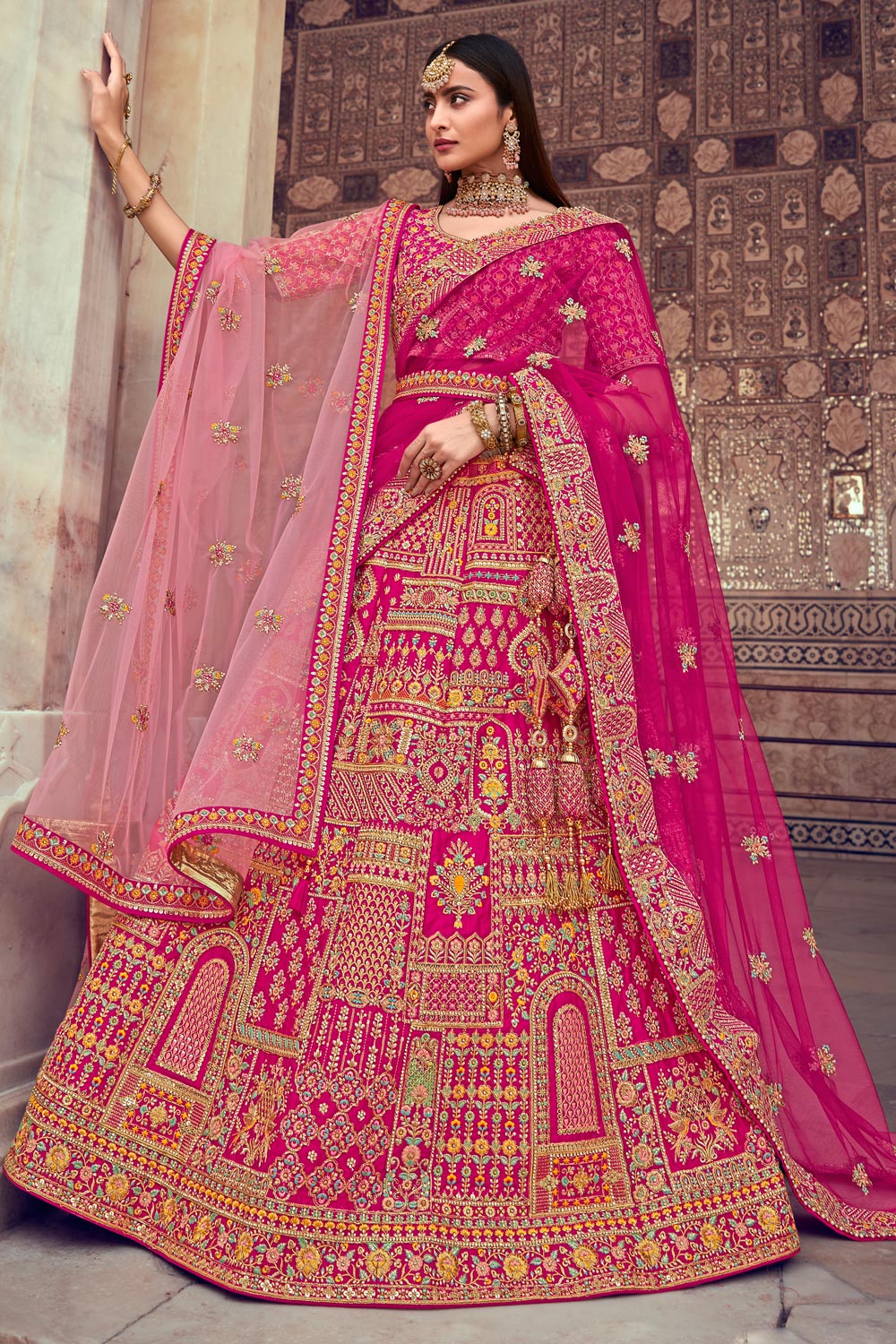Pink Silk Embellished Bridal Lehenga Set