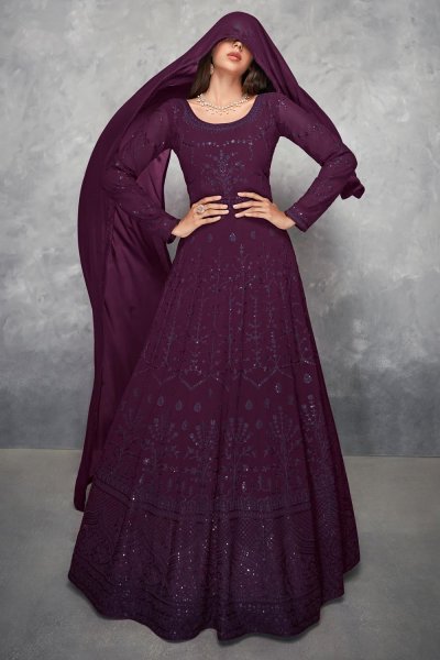 Plum Georgette Embellished Anarkali Dress