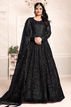 Black Net Embroidered Anarkali Dress with Dupatta