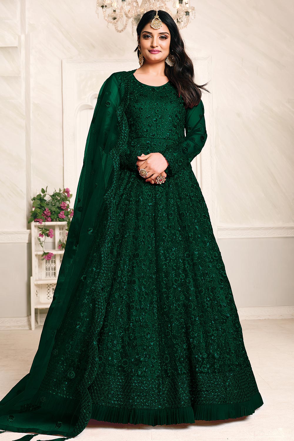 Bottle Green Net Embroidered Anarkali Dress with Dupatta