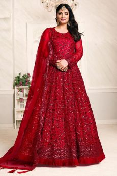 Red Net Embroidered Anarkali Dress With Dupatta