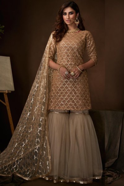 Buy Beige Net Sequin Embellished 