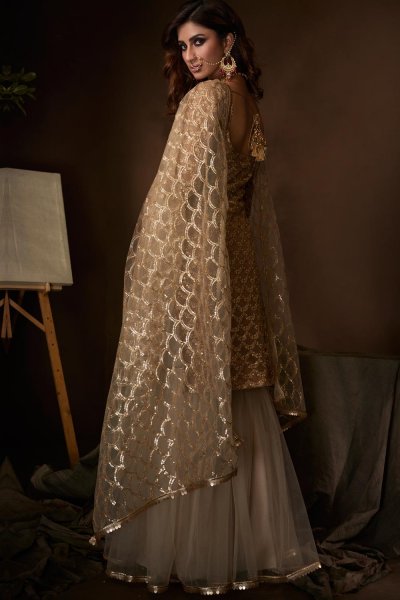 Beige Net Sequin Embellished Sharara Suit