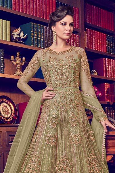 Sage Green Net Anarkali Dress With Duptta