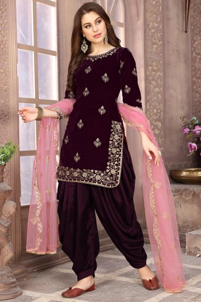 Plum Velvet Embellished Patiala Style Suit