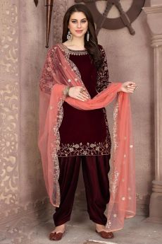 Deep Red Velvet Embellished Patiala Style Suit