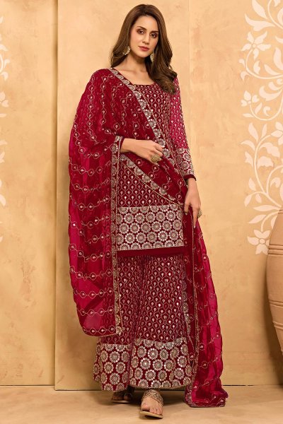 Pinkish Red Embroidered Georgette Sharara Set