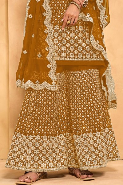 Mustard yellow Embroidered Georgette Sharara Set