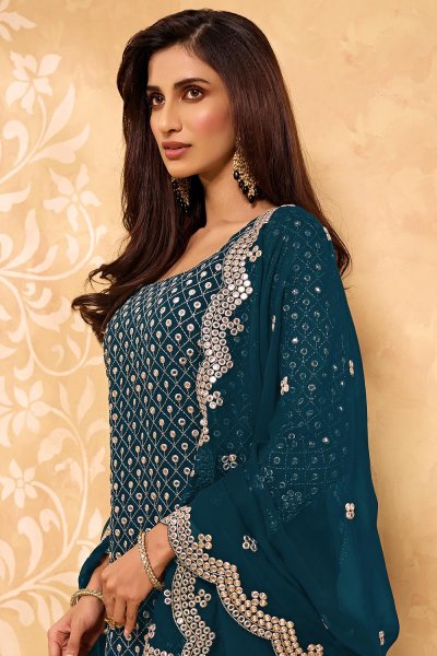 Prussian Blue Embroidered Georgette Sharara Set