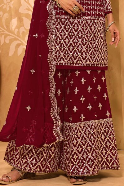 Deep Red Embroidered Georgette Sharara Set