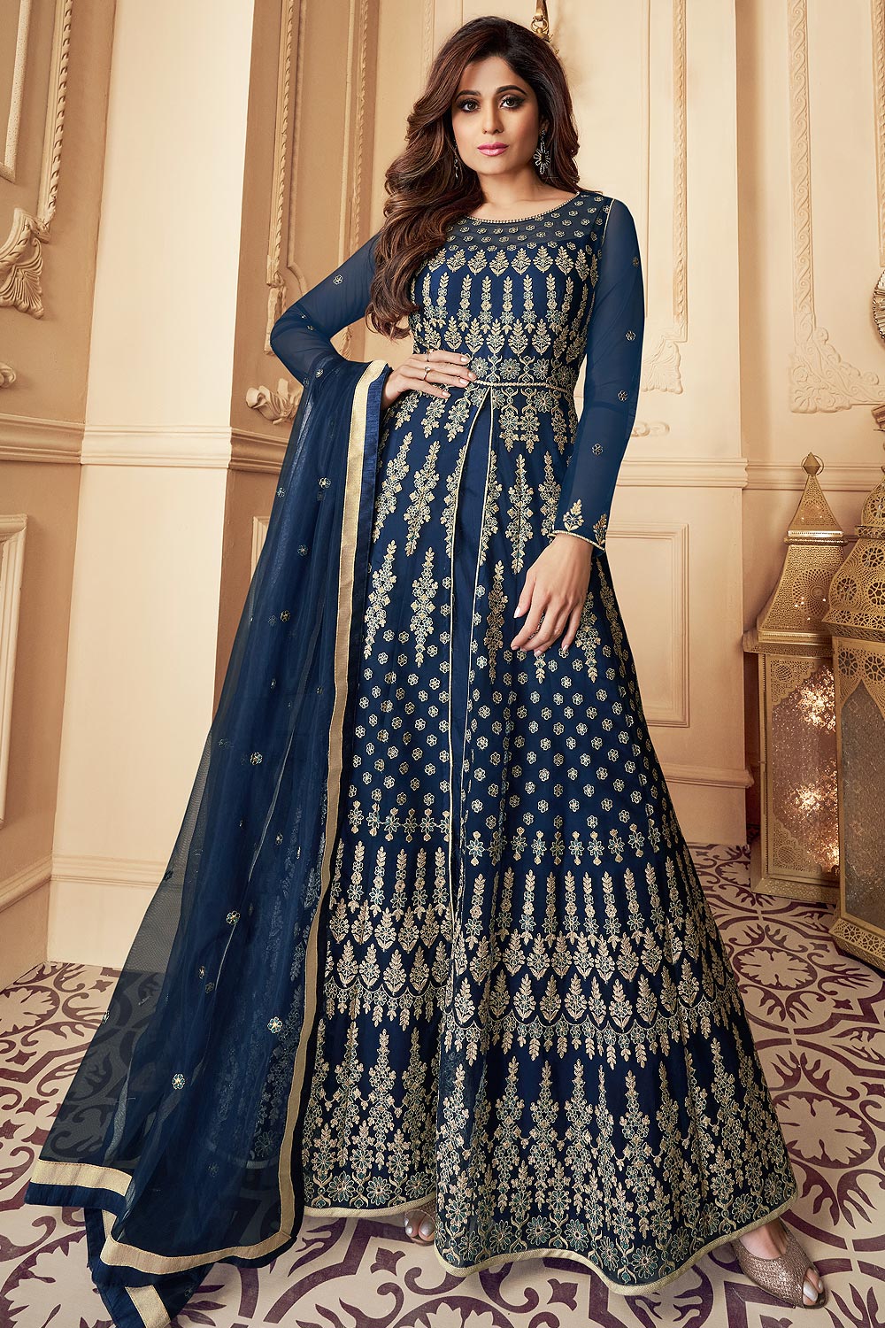Navy Blue Net Embellished Anarkali Suit With Dupatta