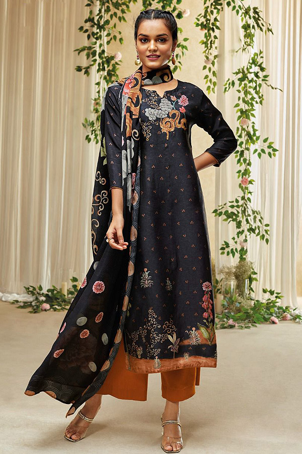 Buy Black Silk Printed Salwar Suit Hand 