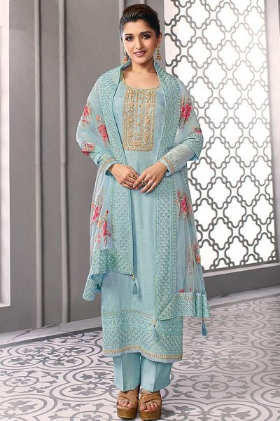 Buy Pastel Blue Embroidered Silk Salwar 