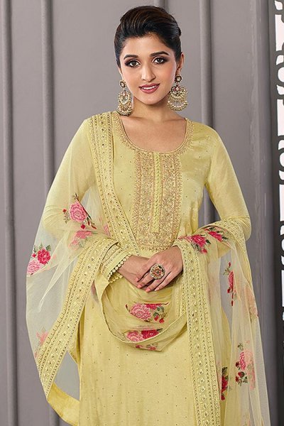 Light Yellow Embroidered Silk Salwar Suit