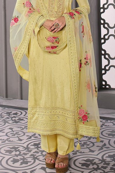 Light Yellow Embroidered Silk Salwar Suit