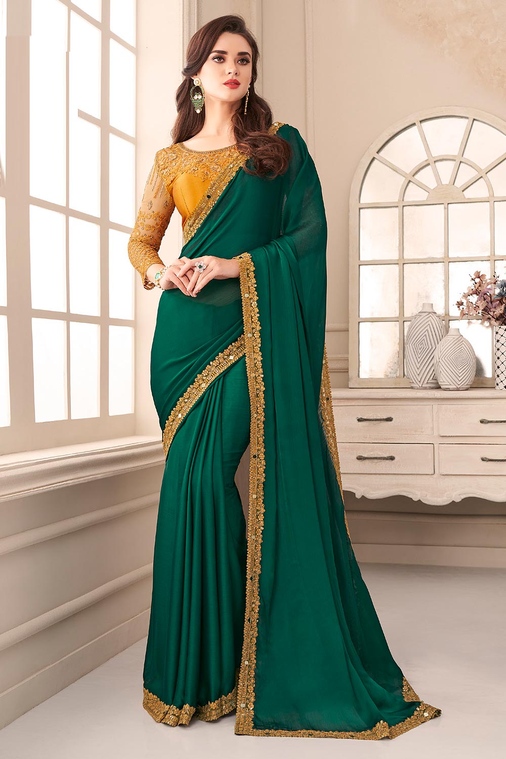 Buy Teal Chiffon Bordered Saree With Embroidered Blouse Online | Like A ...